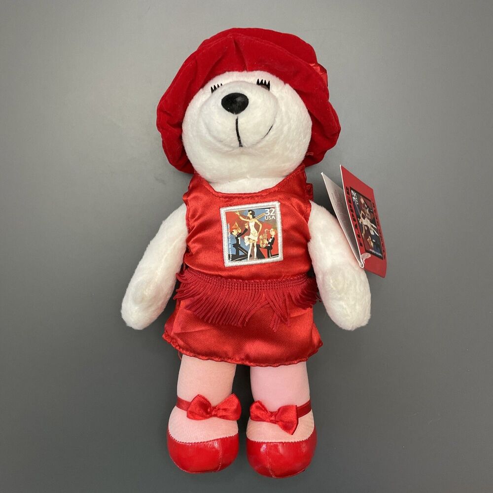 USPS Plush Flapper Girl Bear Red Hat and Dress 10" 32 cent stamp on dress NEW